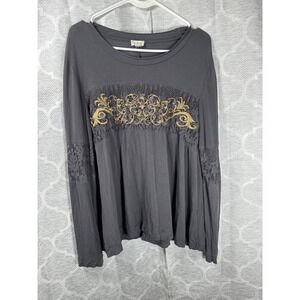 POL Women's‎ Gray Long Sleeve Tunic Top with Lace and Embroidery Accents